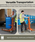 Serious Heavy Duty Hydraulic Drum Lift Crank For 55-Gallon Drums Handles Up To 550 Pounds With Ease in use loading a blue drum.
