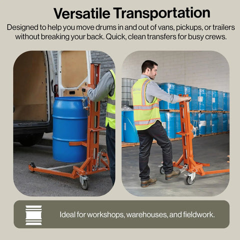 Serious Heavy Duty Hydraulic Drum Lift Crank For 55-Gallon Drums Handles Up To 550 Pounds With Ease in use loading a blue drum.