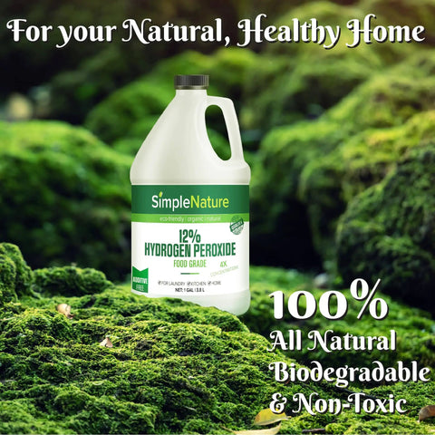 Hydrogen Peroxide Solution Twelve Percent Food Grade One Gallon Multipurpose Cleaner in eco-friendly packaging on a green moss surface.