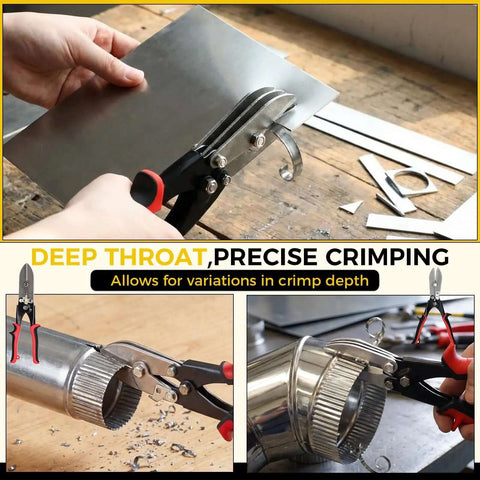 4 Pack 5 Blade Sheet Metal Crimping Tool Set in use on duct and metal sheet, showing crimping capability for 22-28 gauge materials.