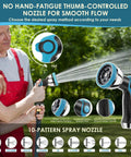 Front view of FlexiSolve 150 ft garden hose with blue/black 10-pattern spray nozzle and holder