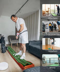 Person using Indoor Golf Putting Mat With Easy Setup And Automatic Ball Return, Wrinkle Free Surface Closely Mimicking Real Green Speed at home.