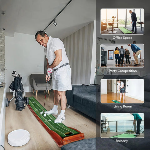 Person using Indoor Golf Putting Mat With Easy Setup And Automatic Ball Return, Wrinkle Free Surface Closely Mimicking Real Green Speed at home.