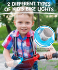 Boy holding scooter with Two Pack Kids Bike Lights For Scooters And Bicycles Waterproof LED Lights on handlebars