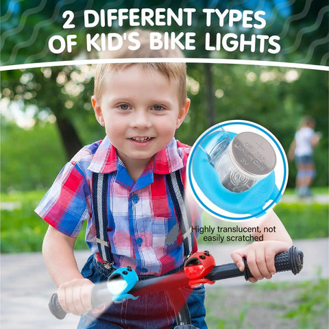 Boy holding scooter with Two Pack Kids Bike Lights For Scooters And Bicycles Waterproof LED Lights on handlebars