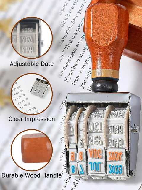 Kickin Retro Wooden Roller Date Stamp With Sleek Grip And Clean Roll On Ink System Delivers Flawless Calendar Marks From 2026 To 2036 showing adjustable date feature and wooden handle.