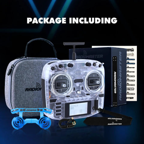 Boxer ELRS 2.4GHz 16 Channel Hall Gimbals Radio Controller with carrying case and accessories, transparent white, Mode 2.
