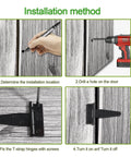 Installation steps for Eight 4-Inch T-Strap Door Hinges With Mounting Screws, showing drilling and hinge fixing on barn doors.