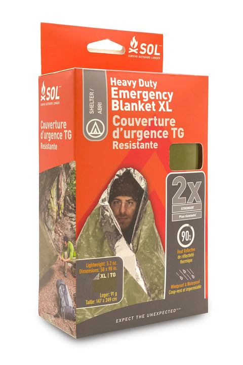 90 Percent Heat Reflective Emergency Blanket Beefed Up Heavy Duty For Disaster Prep Kit in retail packaging with image of use