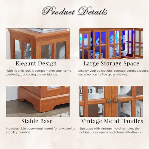 Product details of 59 Inch LED Curio Cabinet With Seven Color Lights showing elegant design, large storage, stable base, vintage metal handles.