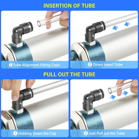 Diagram of 2 Pack 90 Degree Male Elbow Push To Connect Pneumatic Fittings demonstrating tube insertion and removal process.