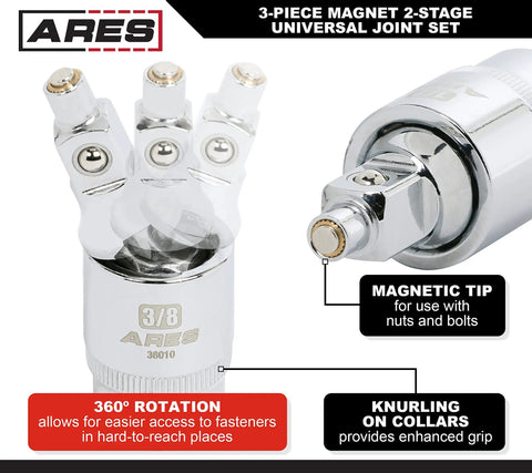 Magnetic 2-Stage Universal Joint Set For One Quarter, Three Eighths, And One Half Inch Drive Sockets - 3-Piece Swivel Adapters With Quick Switch Ball Spring Design, Durable Case, Perfect For Tight Spots And Hard-To-Reach Fasteners. 3/8 chrome moly steel universal joint