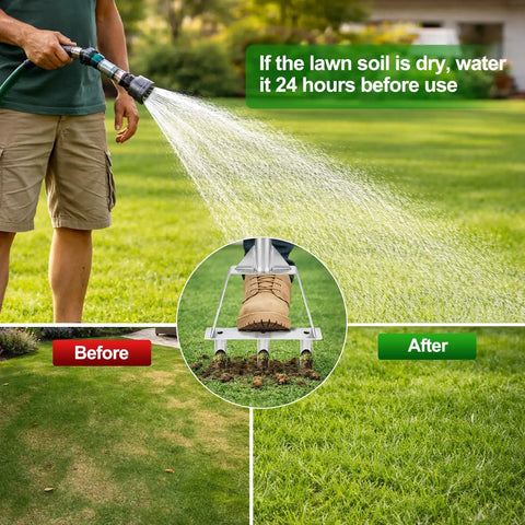 Manual Core Aerator Lawn Tool With Stainless Steel Tines 3 Hollow Tines Lawn Aerator; Watering lawn preparation before use