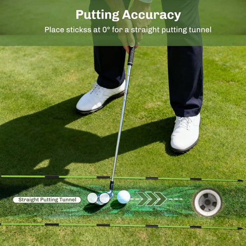 Golfer using Upgraded Golf Alignment Stick Holder With Anti Tip Base to improve putting accuracy on grass