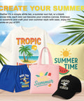 T-shirt, pillow, tote bag, shorts, and cap with summer designs, ideal for Dark Fabric Iron On Transfer Paper Kit, 25 Sheets, 8.5x11 Inches, Printable Heat Transfer for Inkjet Printers, Vibrant, Machine Washable Designs on T Shirts and Dark Cotton Fabrics, Ideal for Summer DIY Crafts.