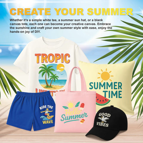 T-shirt, pillow, tote bag, shorts, and cap with summer designs, ideal for Dark Fabric Iron On Transfer Paper Kit, 25 Sheets, 8.5x11 Inches, Printable Heat Transfer for Inkjet Printers, Vibrant, Machine Washable Designs on T Shirts and Dark Cotton Fabrics, Ideal for Summer DIY Crafts.