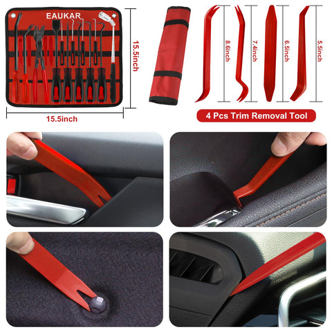 Seventeen Pcs Hook And Pick Tool Set With Scraper For Auto Clip Removal Pliers and Fastener Remover in use on car interior
