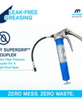 Beefy Heavy Duty Pistol Grip Grease Gun With Ten Year Warranty Bulk Fillable Or Fourteen Ounce Cartridge One Eighth NPT Flex Connection Twelve Inch Hose KY Supergrip Three Jaw High Pressure Coupler No Leak Connection