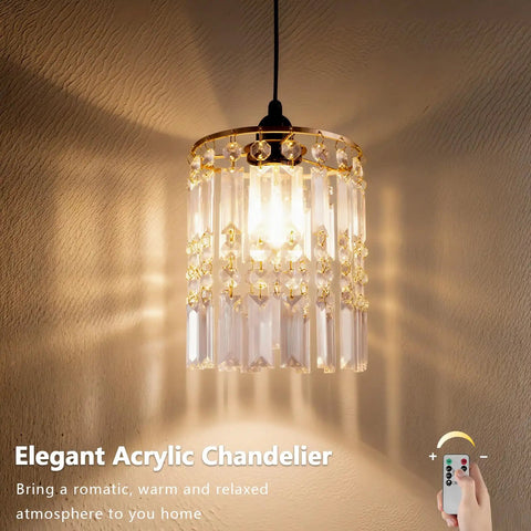 Battery Operated Chandelier With Acrylic Crystal Beads Waterproof Hanging Pendant Lights Dimmable Timer For Patio Decor Two Pack close-up view with light source