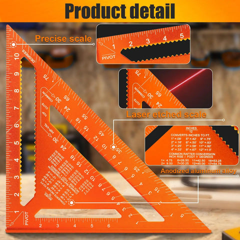 Pro Grade 12 Inch Carpenter Square And Rafter Square With Laser Etched Scale, orange anodized aluminum layout gauge with precise markings.