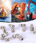110 Piece Metric Grease Fittings Kit M6 M8 M10 Straight and 45 Degree 90 Degree Angled Zerk Fittings with machinery background