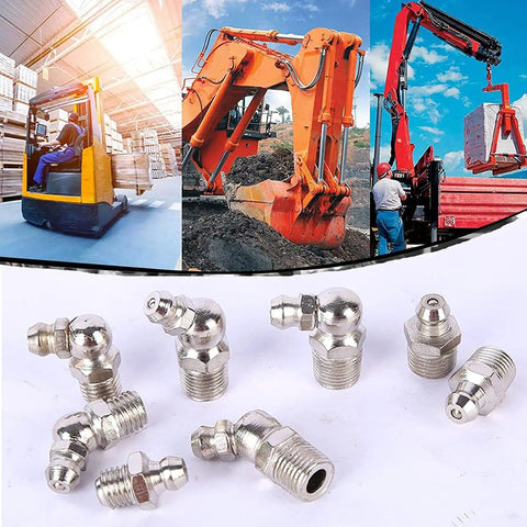 110 Piece Metric Grease Fittings Kit M6 M8 M10 Straight and 45 Degree 90 Degree Angled Zerk Fittings with machinery background