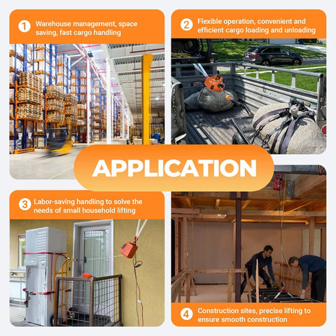 3-in-1 electric hoist winch application collage showing warehouse shelving, truck bed lifting, home doorway lift, and construction site setup