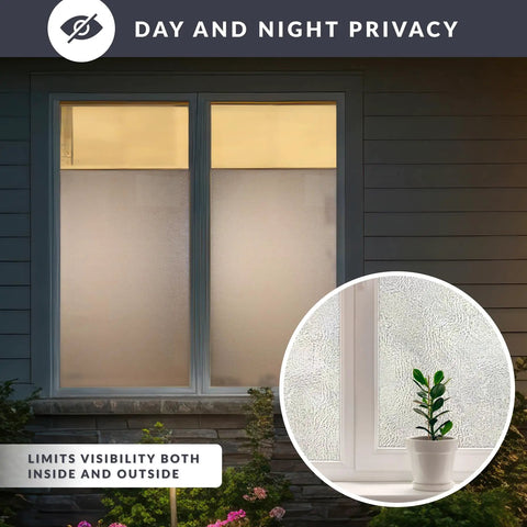 Texture Twelve Window Privacy Film With Dimensional Textured Glass Look Static Cling Non Adhesive Privacy Film For Homes And Offices Blocks View Without Darkening UV Protection Made In USA 36 By 72 Inch on window showing texture with plant
