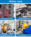 Collage showing construction lift, car engine, automation robot, and maintenance worker in various industries