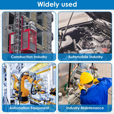 Collage showing construction lift, car engine, automation robot, and maintenance worker in various industries