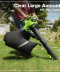 Person using Three In One Cordless Leaf Blower Vacuum Mulcher With Dual 48V Batteries And Fast Charger Delivers 520 CFM And 240 MPH
