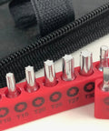 Close-up of star bits from the 56 Piece Compact Metric Auto Tool Set in Zippered Case for Roadside and Motorcycle Repairs