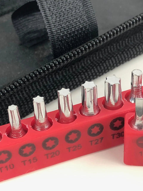 Close-up of star bits from the 56 Piece Compact Metric Auto Tool Set in Zippered Case for Roadside and Motorcycle Repairs
