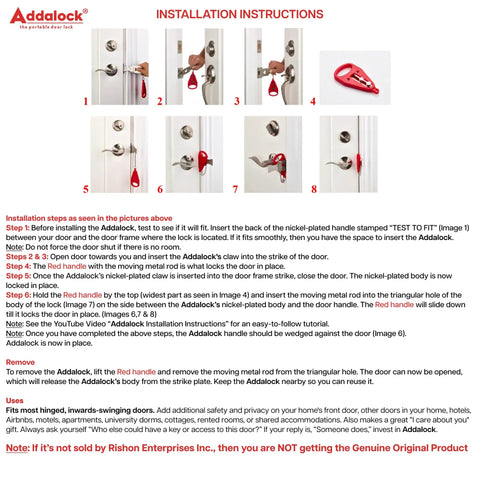 Installation instructions for Portable Door Lock for Travel and Home Security Easy to Install Fits Most Inward Swinging Doors Durable One Piece Latch Lock