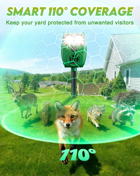 Solar Ultrasonic Animal Repellent With Motion Sensor And LED Lights, Waterproof Yard Deterrent For Deer Coyotes Raccoons And Cats, PIR sensor, 110° coverage
