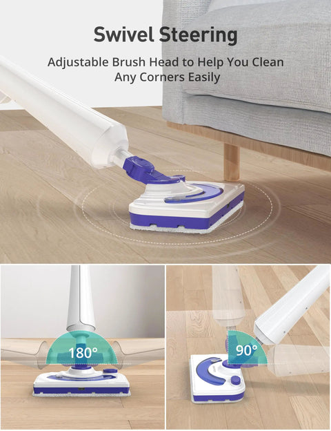 Kick Grime Steam Mop Heavy Duty Floor Steamer Fast 25 Second Heat Up With Detergent Chamber And Two Reusable Microfiber Pads for cleaning corners with swivel steering.