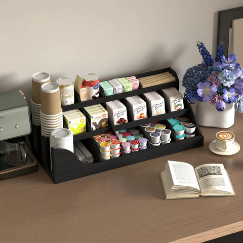 Large 3 Tier Coffee Station Organizer With Drawer, Wooden Countertop Pods Holder, 18 Compartments For Condiments Syrup Tea Cups And Accessories.