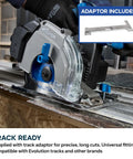 6 1/2 Inch Cordless Circular Saw With Kickass Cold Cut Design For Spark Free Steel Slicing, showing track adaptor for precise cuts.