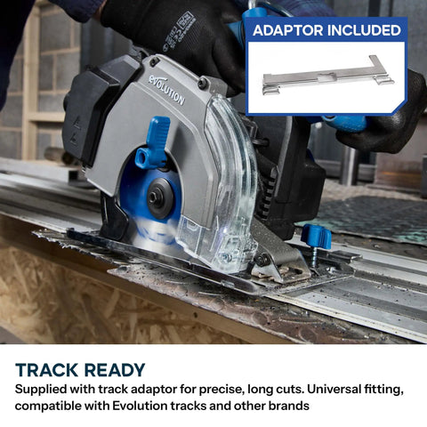6 1/2 Inch Cordless Circular Saw With Kickass Cold Cut Design For Spark Free Steel Slicing, showing track adaptor for precise cuts.