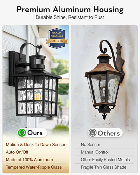 Comparison of Black Motion Sensor Outdoor Porch Light With Dusk To Dawn Modern Wall Mount Sconce and a rusted sconce.