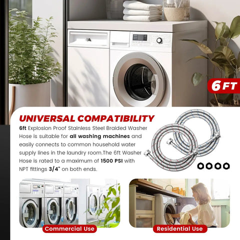 6 Foot Stainless Steel Washing Machine Hose 2 Pack Burst Proof Braided Hoses for Hot and Cold Water Supply in laundry room