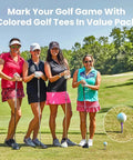 Four golfers on course with golf clubs, inset of golf tee, product: Wood Golf Tees Set In 2 3/4 Inch And 3 1/4 Inch Sizes