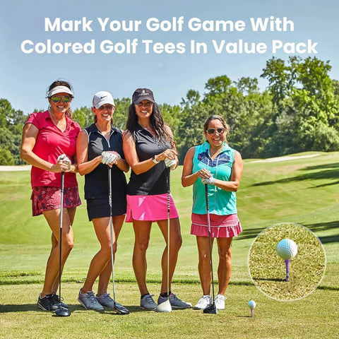 Four golfers on course with golf clubs, inset of golf tee, product: Wood Golf Tees Set In 2 3/4 Inch And 3 1/4 Inch Sizes