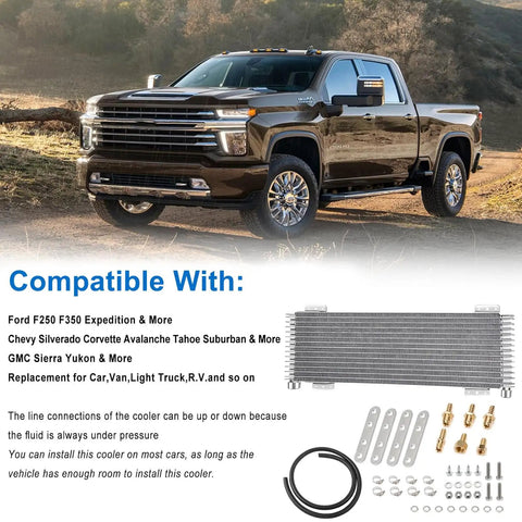 Heavy Duty 40k Transmission Oil Cooler Kit for Towing and Large Trucks with compatible models text and components.
