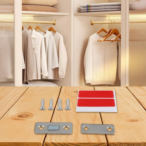 Magnetic Cabinet Door Catch And Closer Set for Cabinets and Drawers, easy install screws and adhesive, in front of wardrobe.