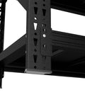 Close-up of Rock Solid 69 Inch Black Metal Shelving Unit showing heavy duty steel joint for tool free setup in garage.