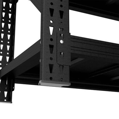 Close-up of Rock Solid 69 Inch Black Metal Shelving Unit showing heavy duty steel joint for tool free setup in garage.