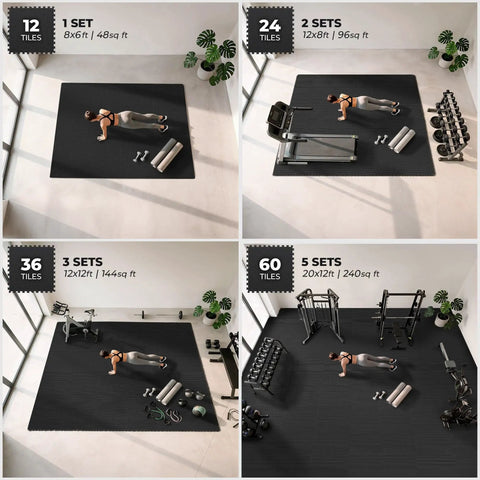Interlocking Foam Gym Mats Set with Edge Pieces covering floor in home gym setup, various sizes, equipment on mats