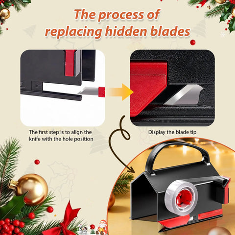 Game Changing Gift Wrap Cutter With Built In Tape Dispenser showing the blade replacement process and knife alignment steps.