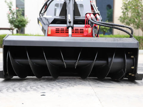 Stomp Mini Skid Steer Loader 1800lbs Compact Machine attachment for gardens and construction, focusing on auger detail